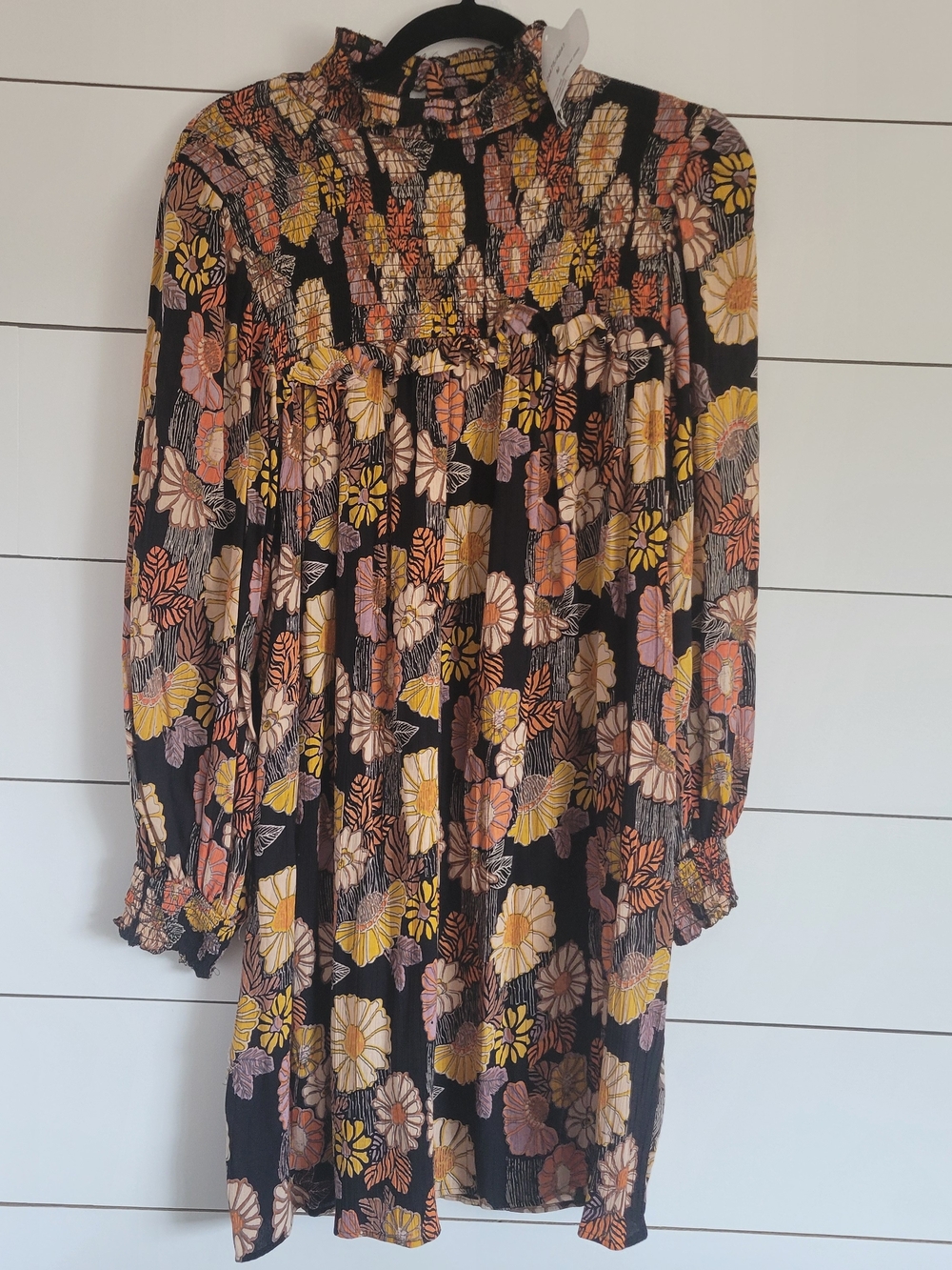 NWT Angie Black Floral Smocked Dress - Yellow & Orange Bloom Medium